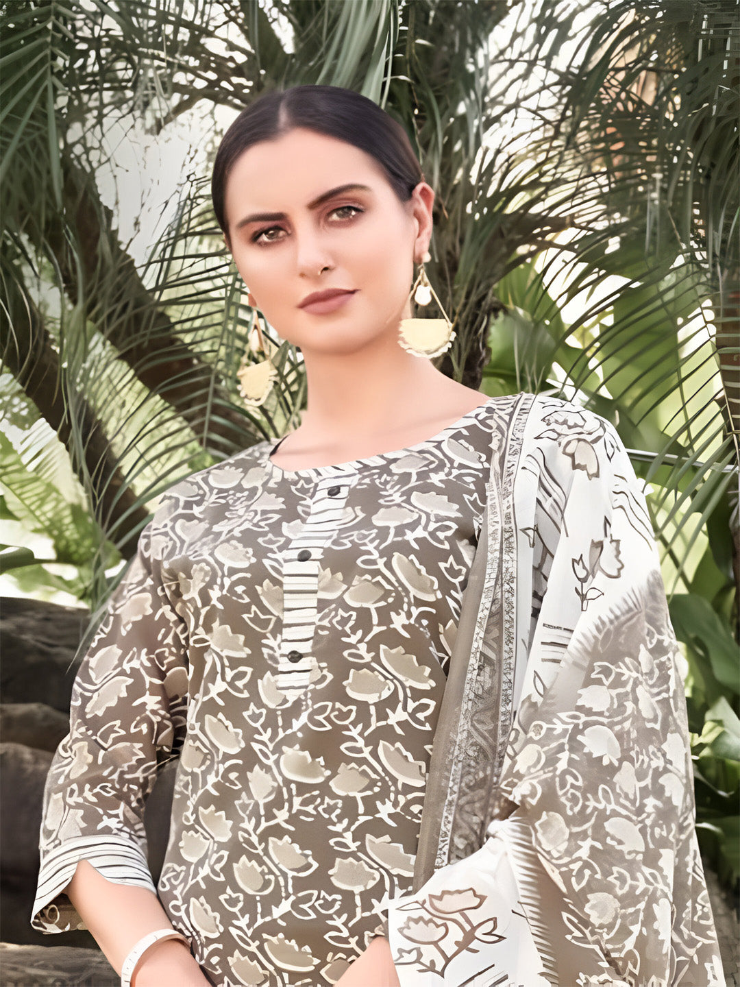 Grey Cotton Printed Stitched Suit Set