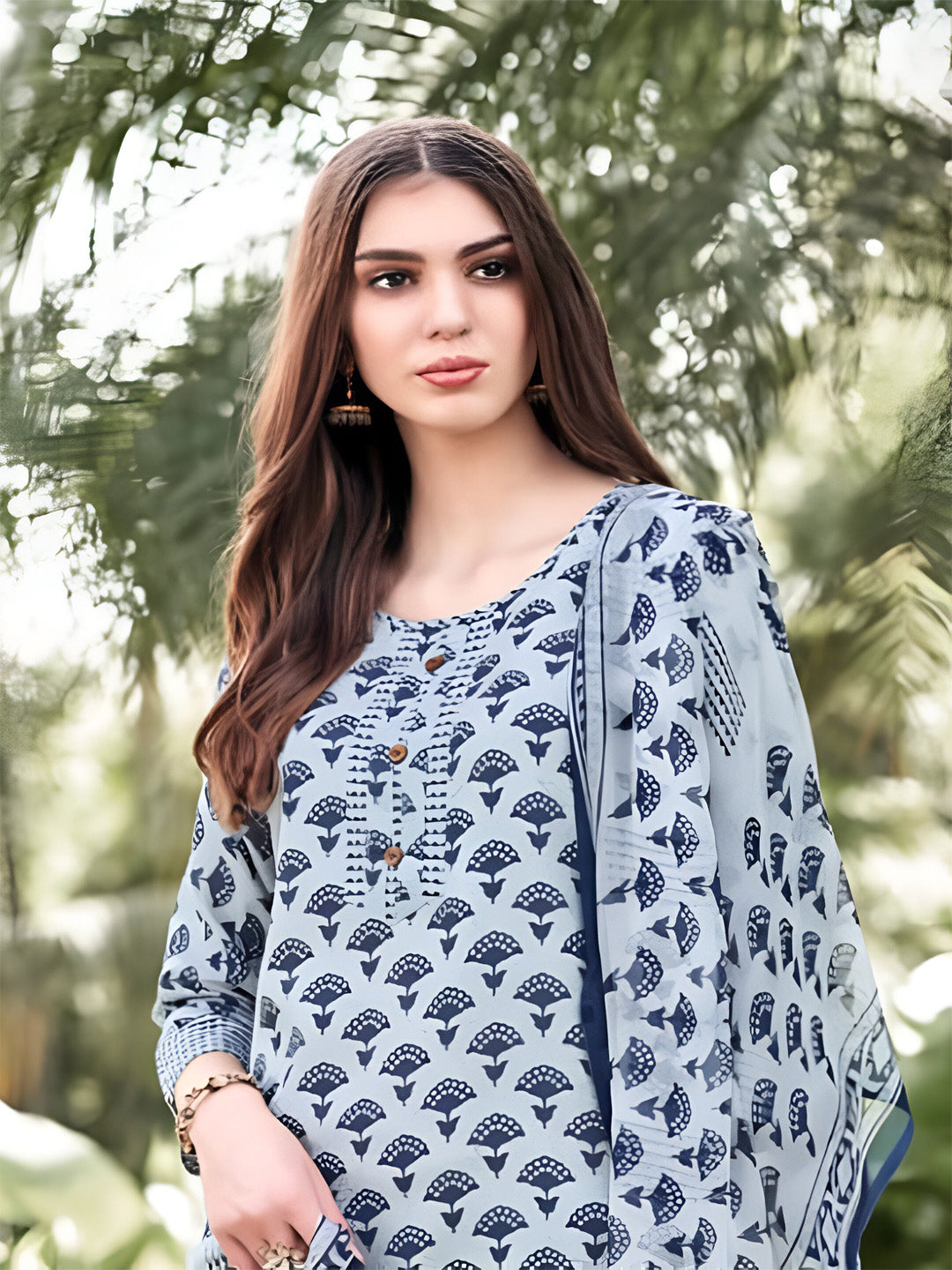 Blue Cotton Printed Stitched Suit Set