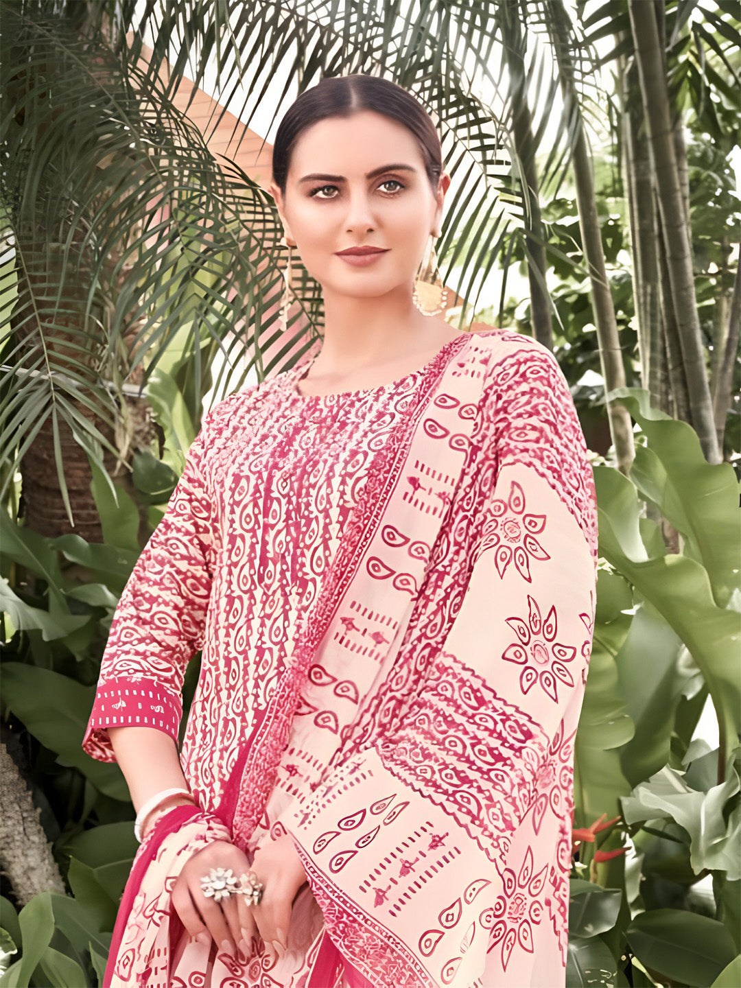 Pink Cotton Printed Stitched Suit Set