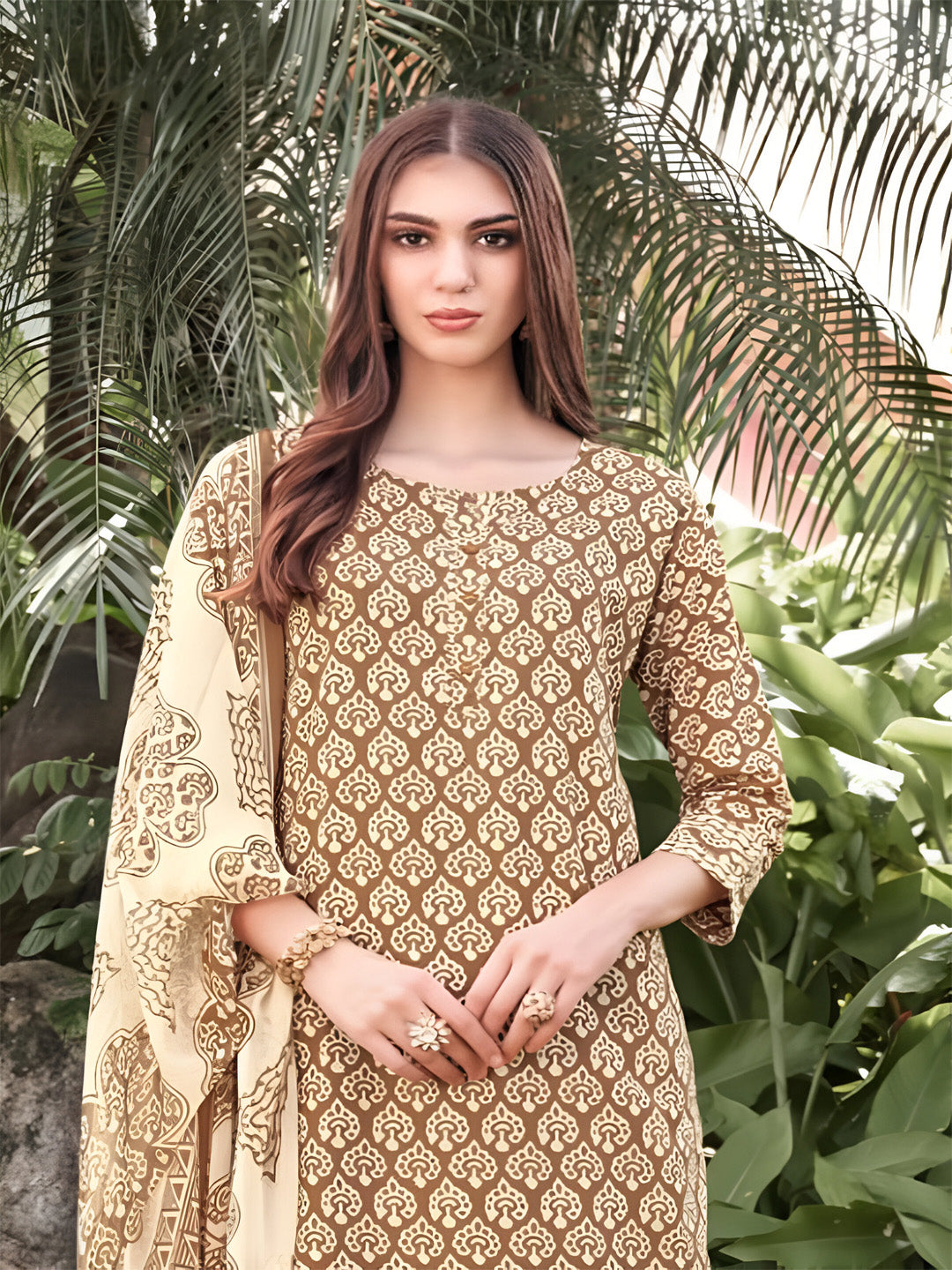 Camel Cotton Printed Stitched Suit Set