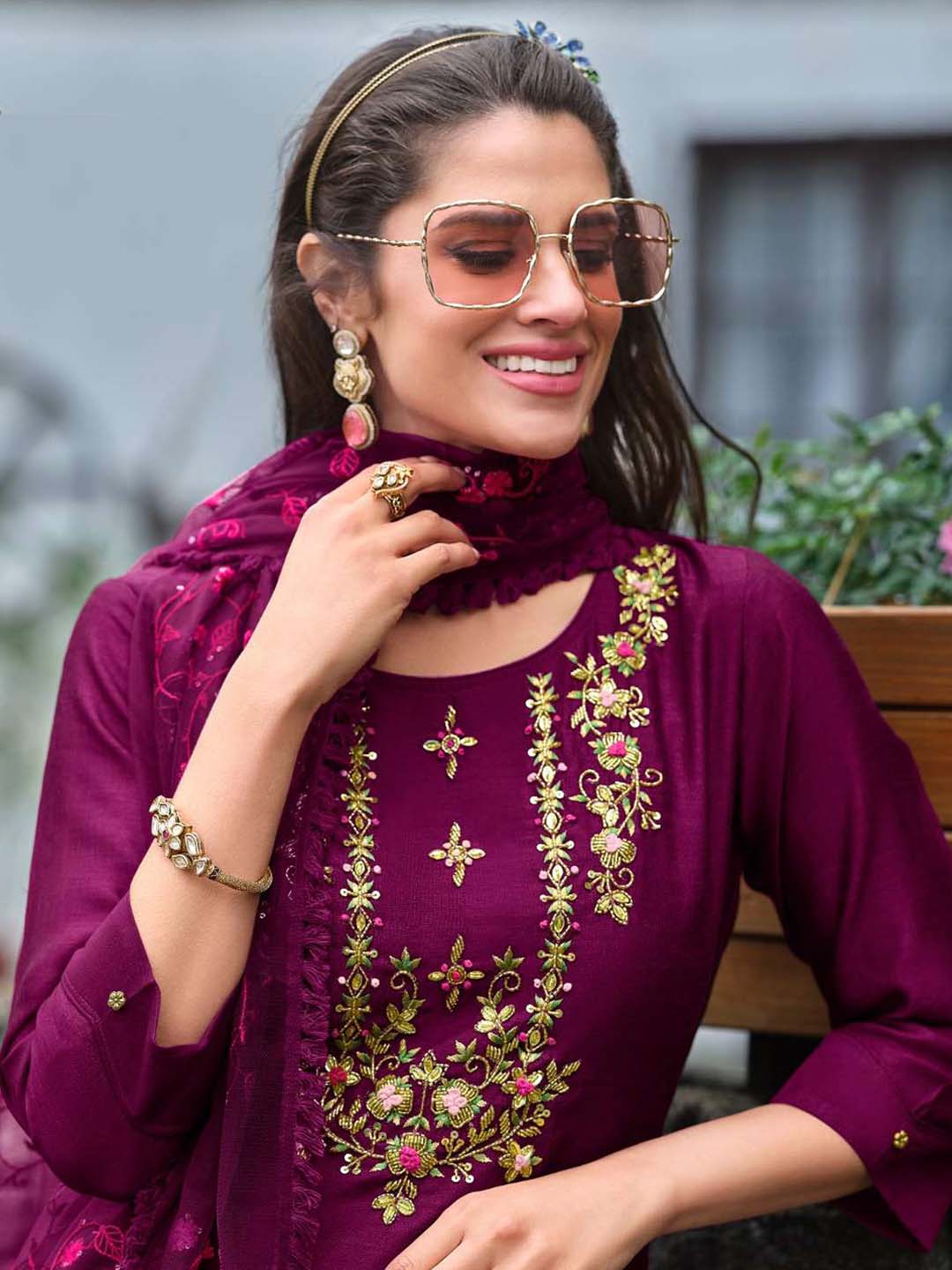 Wine Exclusive Embroidered Stitched Suit Set With Dupatta