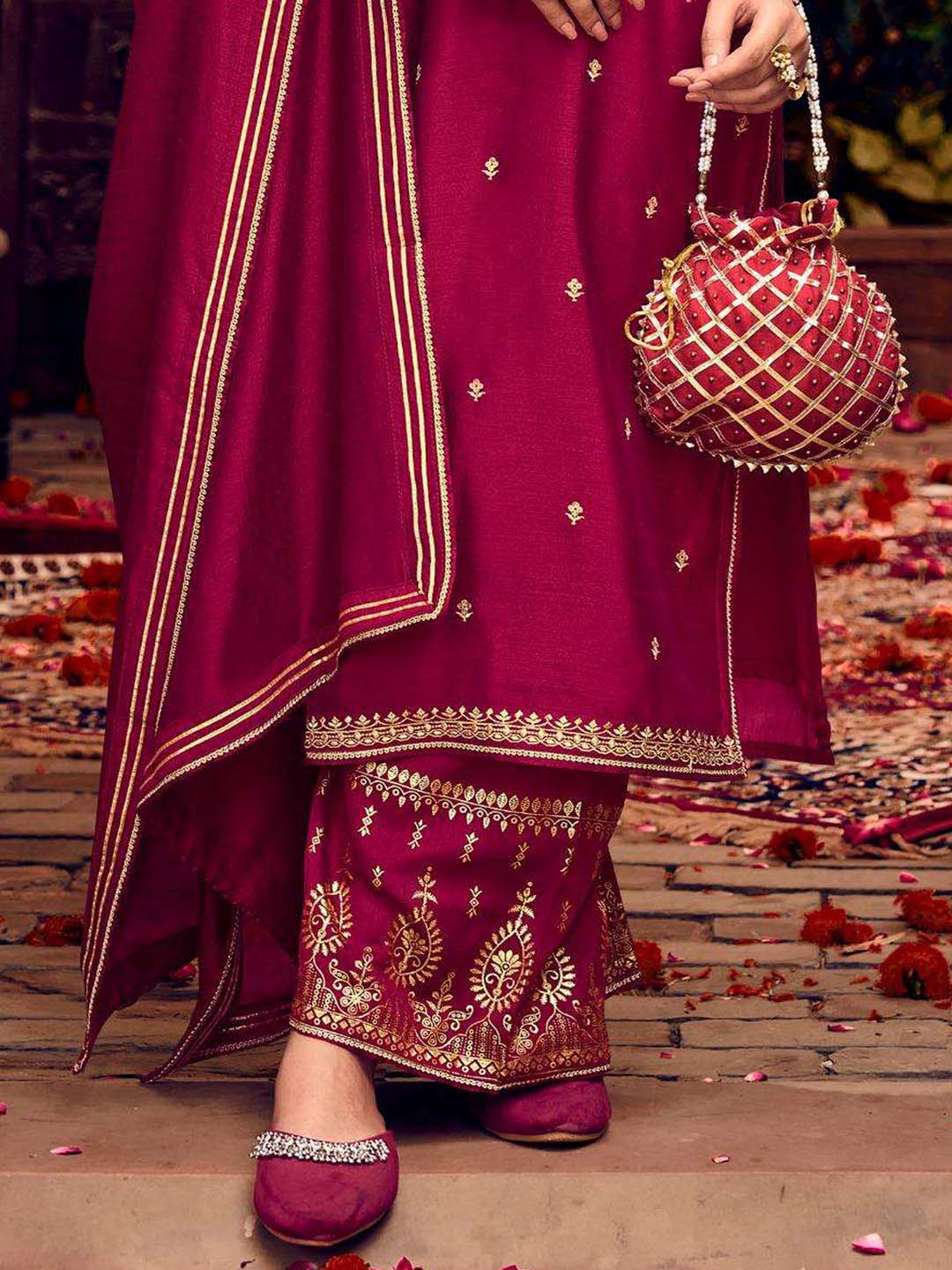 Jam Red Fancy Work Stitched Suit Set With Dupatta