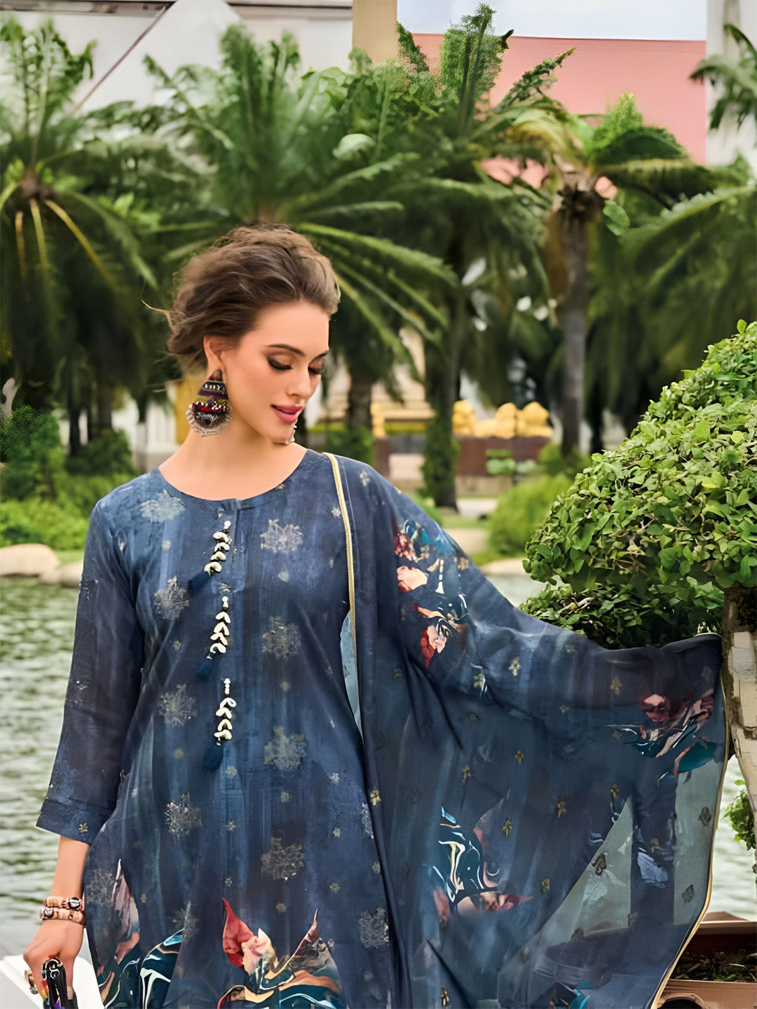 Blue Floral Pure Viscose Print Silk Stitched Suit Set