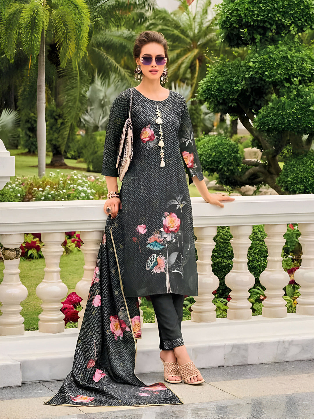 Charcoal Floral Pure Viscose Print Silk Stitched Suit Set