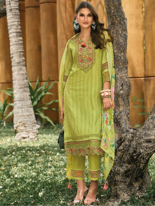 Floral Yoke Embroidered Stitched Suit Set With Dupatta